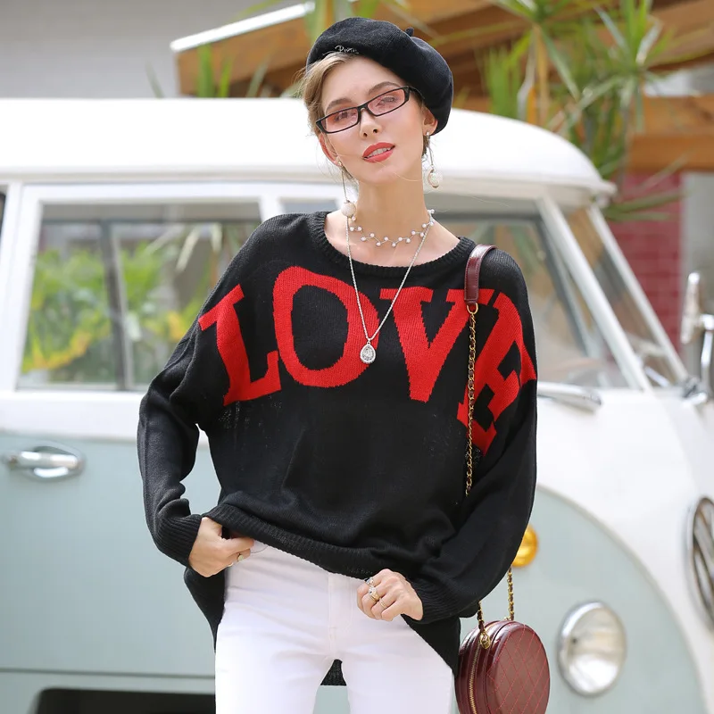 

2020 Fall Winter Women's Tops Fashion Casual Loose Long Sleeve O-Neck Large Size Print Embroidery Black Knitted Sweater Pullover