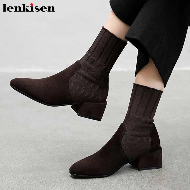 Lenkisen/Популярные Дышащие Мягкие вязаные носки из флока зимняя однотонная повседневная одежда с круглым носком на среднем каблуке женские ботильоны L92
