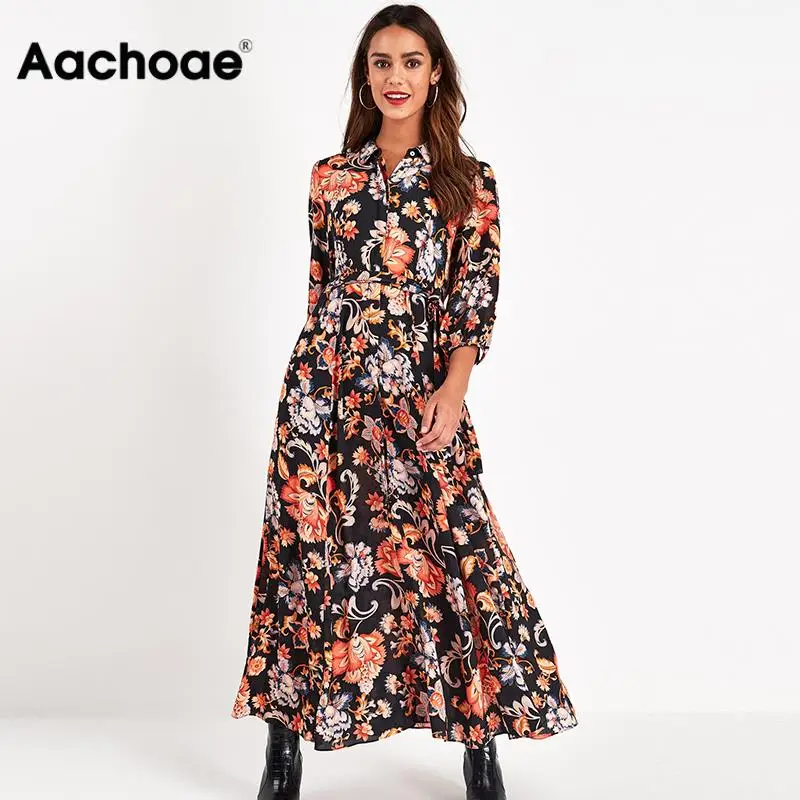 Aachoae Floral Print Long Maxi Dress Women Casual Turn Down Collar Shirt Dress Three Quarter Sleeve Bohemian Sashes Dresses Aachoae Floral Print Long Maxi Dress Women Casual Turn Down Collar Shirt Dress Three Quarter Sleeve Bohemian Sashes Dresses