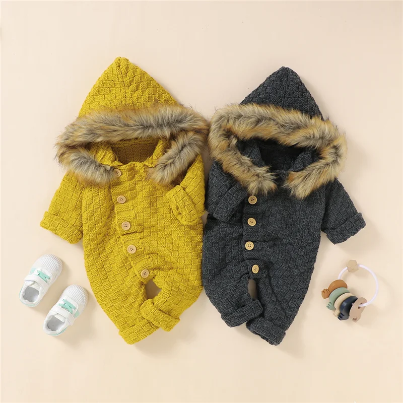 Baby Sweater Jumpsuits Winter Boys Girls Clothes Toddler Long Sleeve Single-breasted Knitted Furry Hooded Sweaters 0-24M