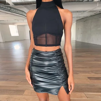 

Sexy Black Office OL Skirt Women Ruched PU Leather Bodycon High Waist Mini Skirt female Clubwear Black Side Split Pencil Skirt