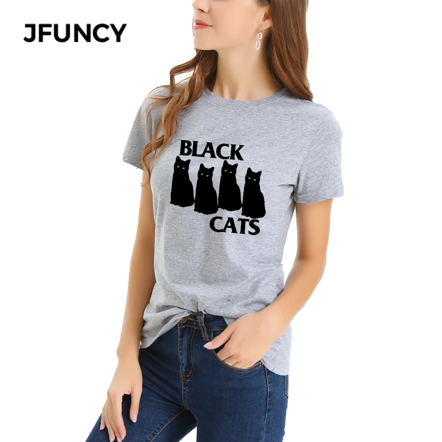 

JFUNCY Black Cats Printed Women T-Shirt Summer Cotton Tees Tops Korean Plus Size Woman Shirts Short Sleeve Casual Female Tshirt