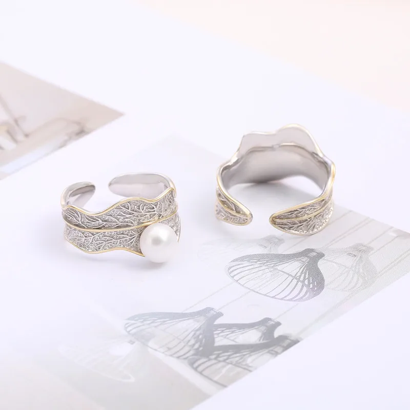 S925 Sterling Silver Jewelry Natural Pearl Ring Fittings Adjustable Simple Fine Silver Open Ring Settings Mountings Diy