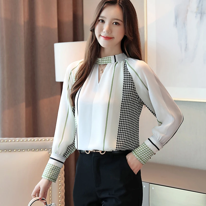 Blusas Mujer De Moda, Повседневная шифоновая блуза с длинным рукавом и винтажным принтом, Женские топы с v-образным вырезом для офиса, осенние женские топы 7086 50