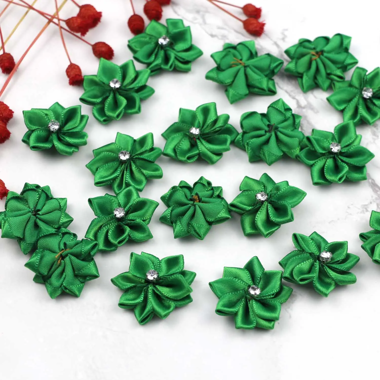 Lulang Pack of 50 Green Satin Ribbon Flowers 1.18 Inch for Craft Wedding Sewing Embellishment Appliques