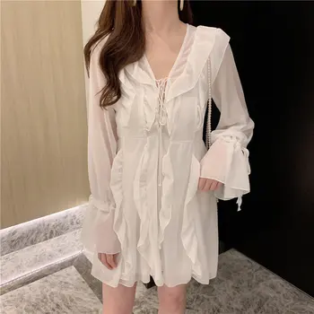 

HziriP White Sweet Solid Chiffon Ruffles Flare-Sleeved V-Neck Chic Women Sexy Elegant Fashion Women High Waist Mini Dresses