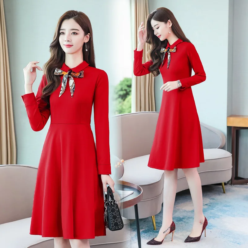 

2019 Autumn And Winter New Style Korean-style Elegant by Age Western Style Waist Hugging Slimming Long Sleeve Mid-length Dress