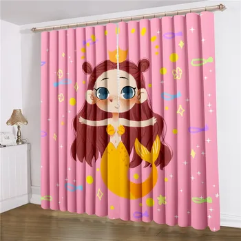 

Mermaid Window Curtains 2 Panels Cartoon Fishs Window Treatments 3D Print For Living Room Window Drapes For Bedroom Curtain