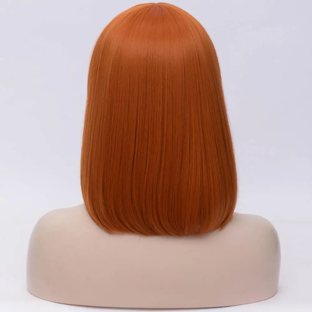 Синтетические волосы 14 дюймов черные прямые парики челки синий золотистого цвета, цвета: красный, зеленый, фиолетовый, коричневый Косплэй парик для женщин - Цвет: Оранжевый