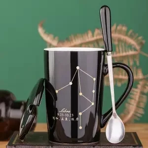 Чашка керамическая чашка кружка с крышкой с ложкой Мужская и женская пара креативная чашка Бытовая чайная чашка молочная чашка кофейная чашка Tazas стакан - Цвет: Libra