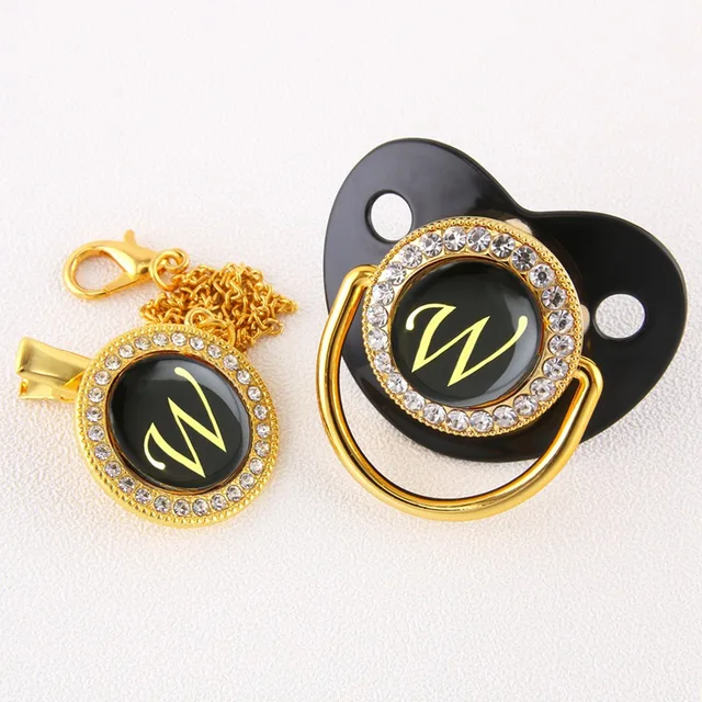 Luxury Black Bling Baby Pacifier And Clip Alphabet Letter M Infant Pacifier Gold Letter Unique 26 Name Initials Baby Shower Gift W