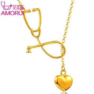 NK 17079 Gold AMORUI стетоскоп женское ожерелье с подвеской в виде сердца женское Трендовое медицинское ожерелье s розовое золото серебро Женская модная Ювелирная цепочка - Окраска металла: NK 17079 Gold