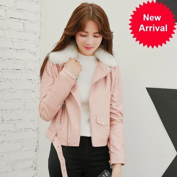 

Hot Women 2020 Winter Warm Faux Leather Jackets with Fur Collar Lady White Black Pink Wine Red Motorcycle Biker Outerwear Coats