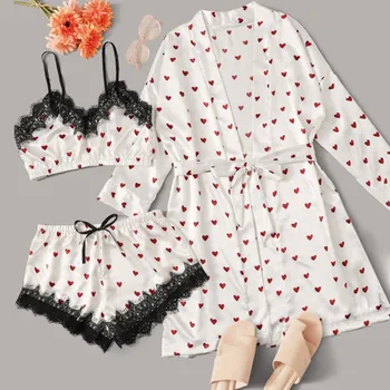 

3PC Heart Print Lace Satin Pajama Sets Women Sexy V-Neck Camisole Bowknot Shorts Robes Pajamas Lingerie Set Summer Pijama Mujer