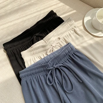 

Ice Silk Full Length Pants Women Summer Wide Leg Pants Drawstring Elastic High Waist Summer Long Trousers 2020 New