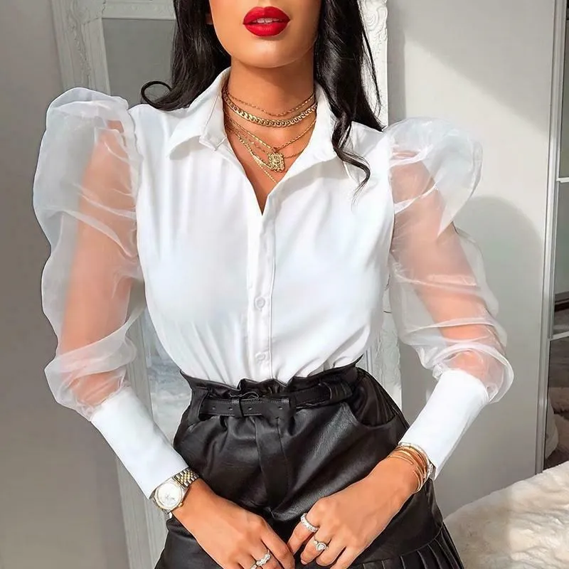 

Women's Fashion Shirt Elegant Mesh Sheer Puff Sleeve Blouse V Neck Button Tops Ladies Shirts Blusas Black White