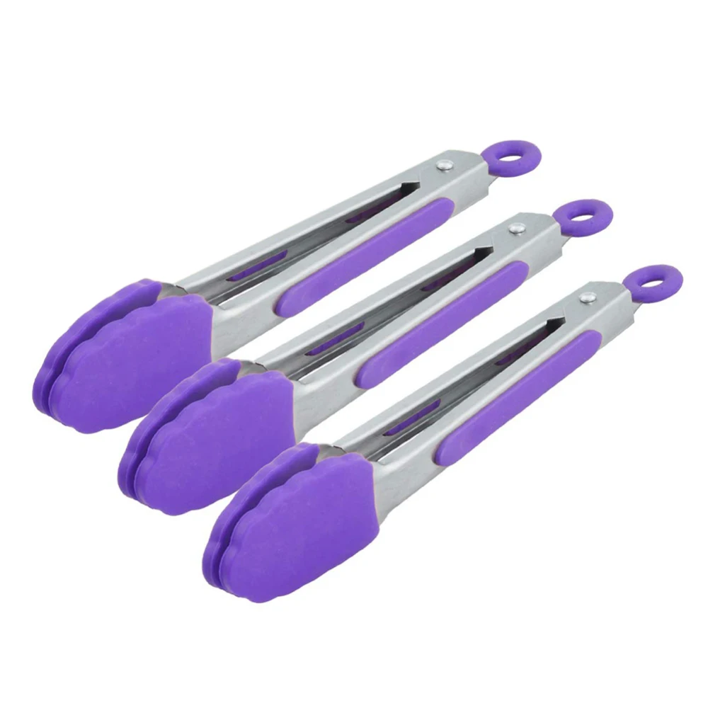 dark purple Комплект из 3 предметов, 7 дюймов Силиконовые Кухня Кулинария Салат Щипцы для гриля Еда зажим кулинарные щипцы Зажимная рукоятка Кухня посуда для барбекю стол инструменты - Цвет: dark purple