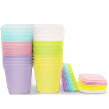 

NEW-24 Packs of 3-Inch Square Plastic Flower Pots, Nursery Flower Pots with Drain Holes and Saucers, 6 Colors in Total