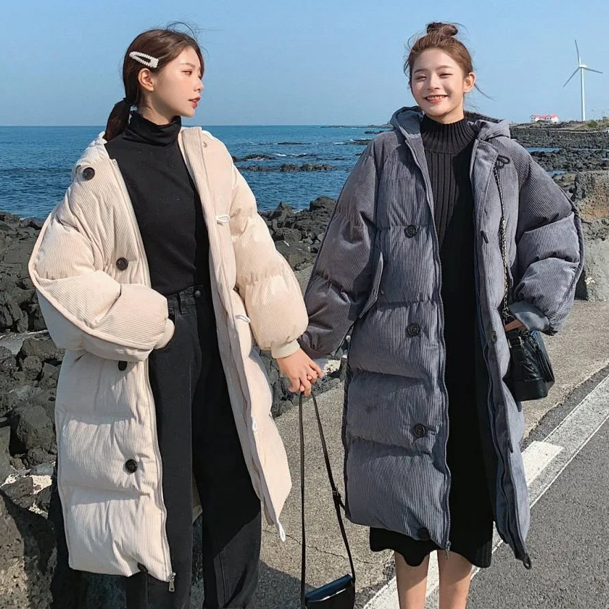 

2019 Chic Off-white Mid-length over-the-Knee Corduroy down Coat Hooded Loose-Fit Best Friend-Cotton Coat Women's Winter