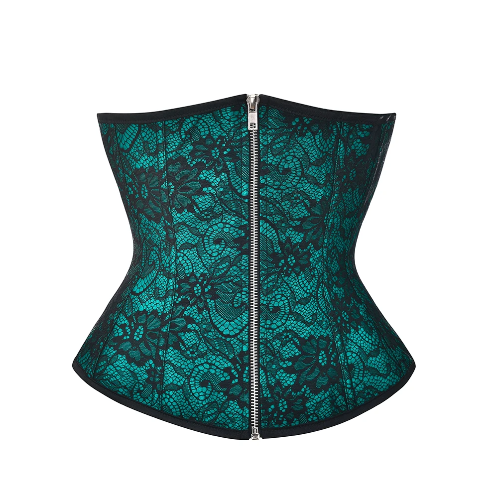 

Green Satin Lace Corset Slimming-Clothing Waist Trainer Bustiers Sexy Ruffles Zipper Push Up Top Shape Body Lingerie For Women
