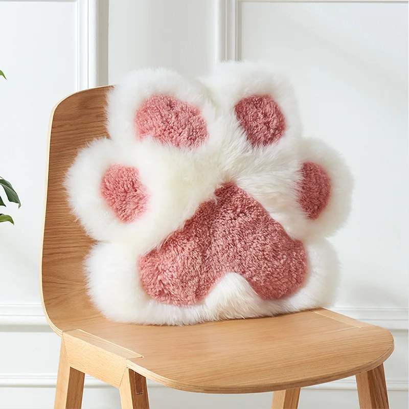 Single side cute sheepskin fur cat's claw shaped pillow, decoration merino fur pink seat cushion - Цвет: pink