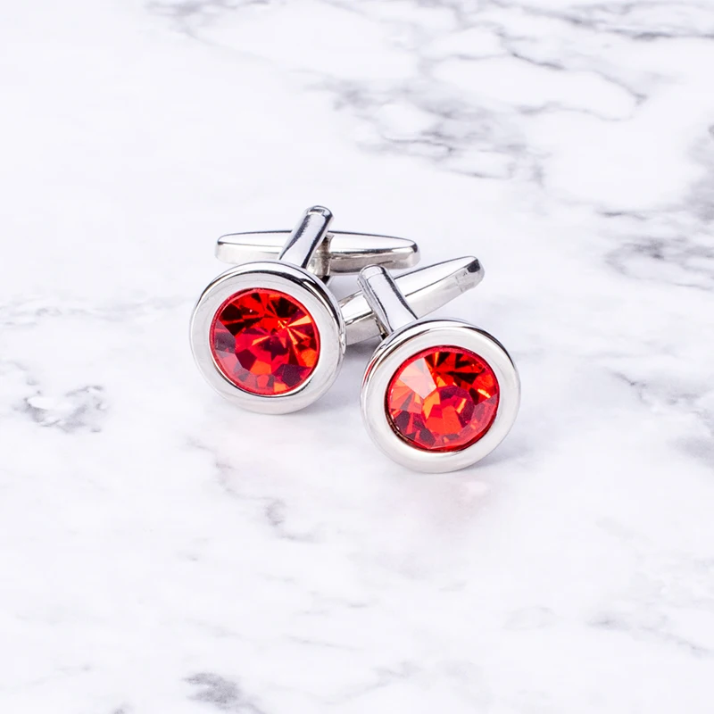 

Luxury Red Rhinestone Cufflinks For Mens Brand High Quality Round Crystal Silver Plated Cuff Button For Shirt Wedding Jewelry