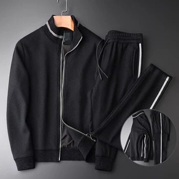 

New Sweatshirt Men Luxury Centipede Yarns Fabric Stand Collar Black Men Sweatshirt With Pants Fashion Sport Set Plus Size 4XL