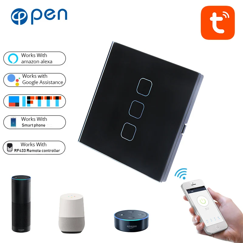 

Tuya 3 Gang Wifi touch wall Switch light switch Global control compatible with Amazon Alexa,Google home for Smart home