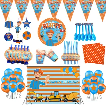 

Blippi English Teacher Theme Party Decoration Birthday Party Supplies Paper Cups Plates Banner Straw Balloons Kids Toys Boy Baby