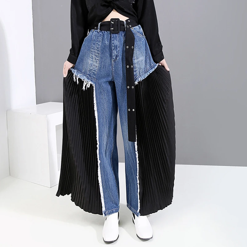 

New Fashion 2019 Summer Autumn Contrast Color Lace-up High Waist Button Zipper Pockets Stitching Denim Jeans Pants Women N616