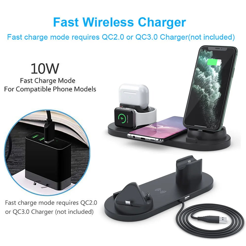 Suporte do Carregador sem Fio Almofada de Carregamento sem Fio para Apple 6 em 1 para Iphone Plus Max Ver 6 Airpods Samsung Xiaomi 8 11 12 Pro 2 Carregadores sem Fio