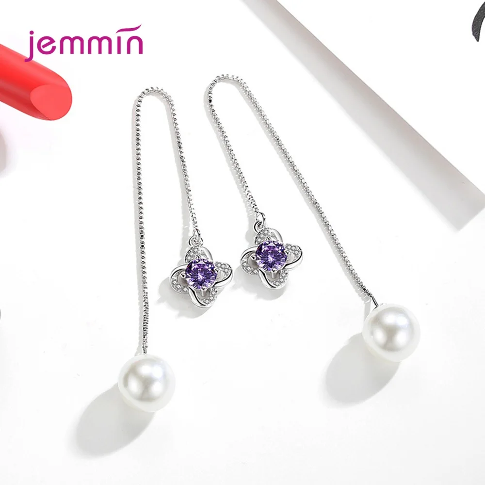 Purple Новое поступление, простые серьги в виде листьев растений, 925 пробы, серебро, Винтажные серьги в форме линии уха с кубическим цирконием, жемчужные серьги-капельки для женщин - Цвет камня: Purple