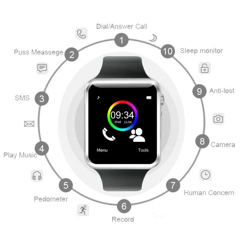 A1 наручные часы Bluetooth Смарт часы Спорт Шагомер с сим-камерой для женщин Smartwatch для мужчин для Android PK iwo 8 DZ09 часы