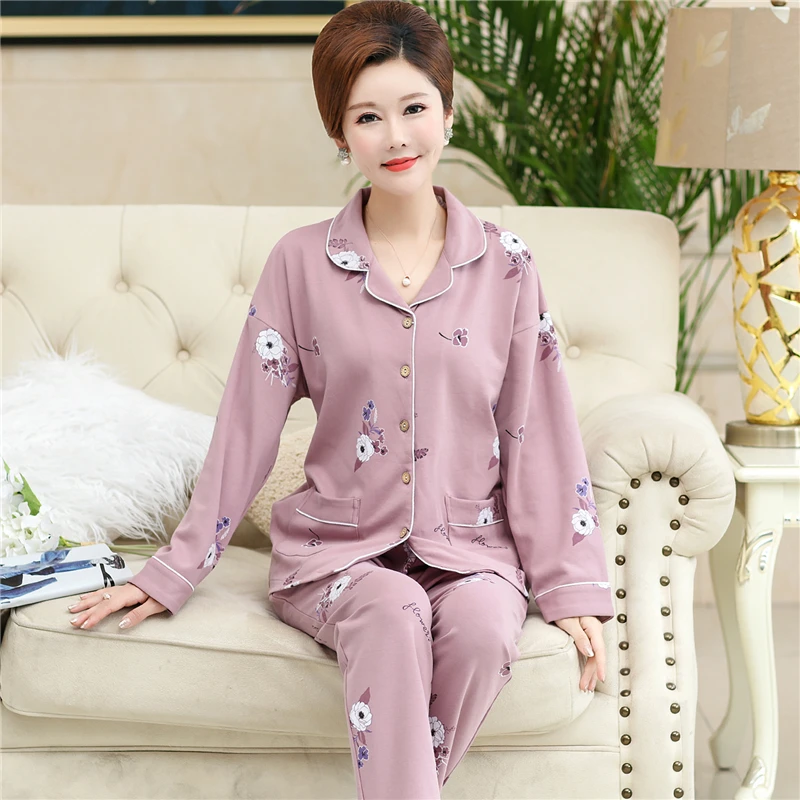 M-3XL комплект ночного белья для женщин среднего возраста осень зима удобный хлопковый пижамный комплект для мамы кардиган Пижама на пуговицах для мамы