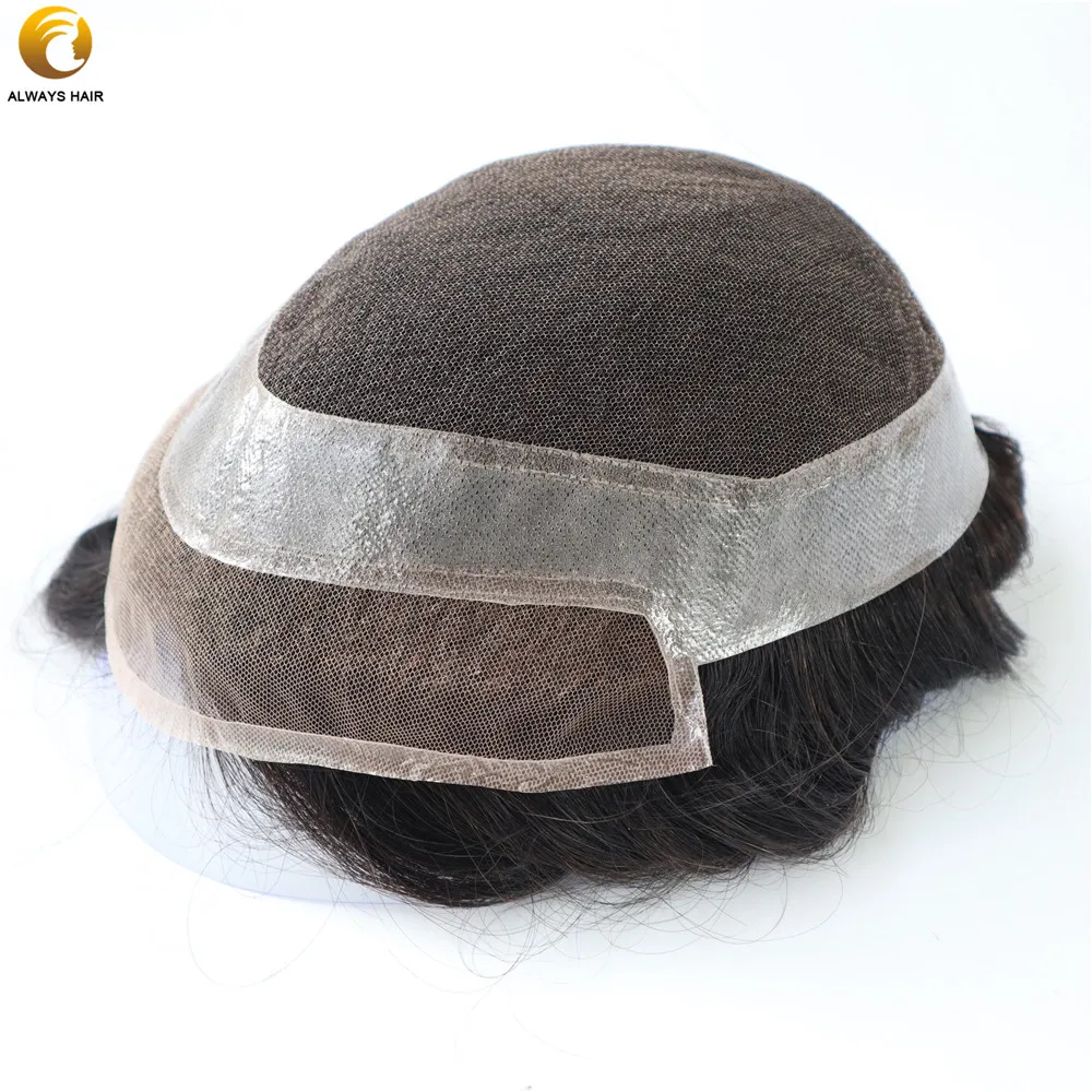 

Natural Hairline Indian Human Hair Men Topper with Bleached Knots Lace Front 6 inch Free Style Lace & UP Male Wig