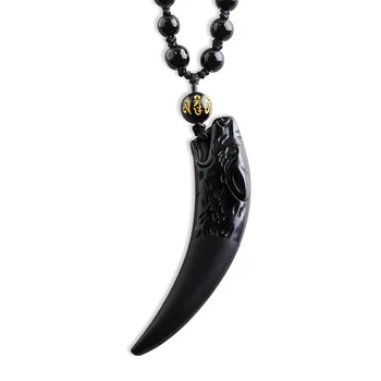 

Men Necklace Pendant Black Obsidian Carved Fashion Wolf Teeth Pendant Free Chain Gift for Male Fine Jade Jewelry