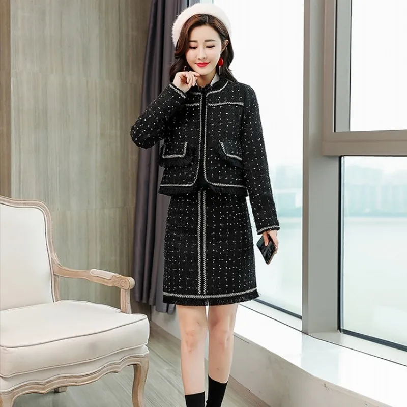 

2020 Autumn Winter Elegant Tow Piece Sets Short Jackets And Mini Skirts Women Chic Black Tweed Polka Dot Slim Sexy 2 Piece Set