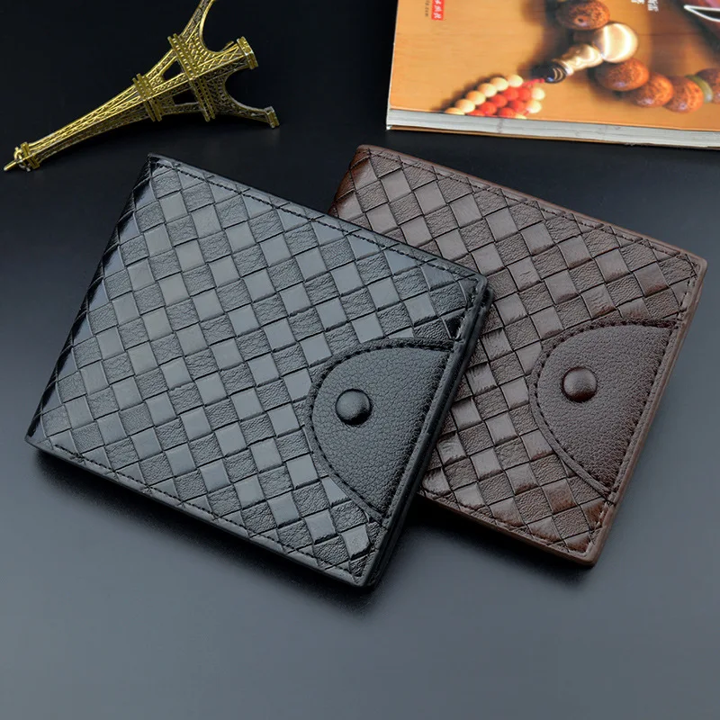 

New Style MEN'S Wallet Men's Short Fashion Exposure Leather Wallet Casual Trend Woven Pattern Card Bit More Large-Volume Wallet