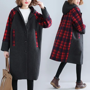 

Long Wool Coat Hooded Red Plaid Patchwork Plus size Women Wool jacket Winter New Style Lapel Plus velvet Thick Woolen Overcoat