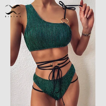 

Snake print sexy bikini set 2020 Summer bandeau sexy woman swimsuit separate two piece High cut bandage bathing suit biquinis