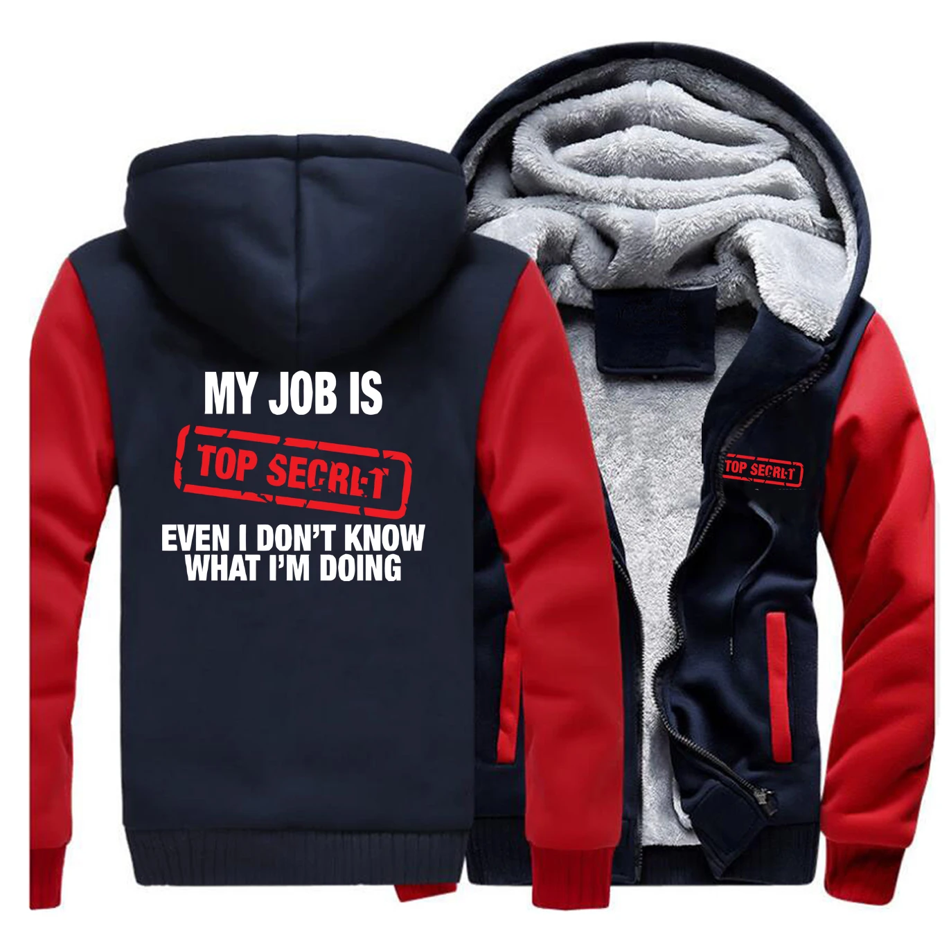 Забавные куртки My Job Is Top Secret, мужские толстовки с капюшоном, зимние толстые флисовые теплые пальто на молнии, спортивная верхняя одежда размера плюс - Цвет: Red Dark Blue 5