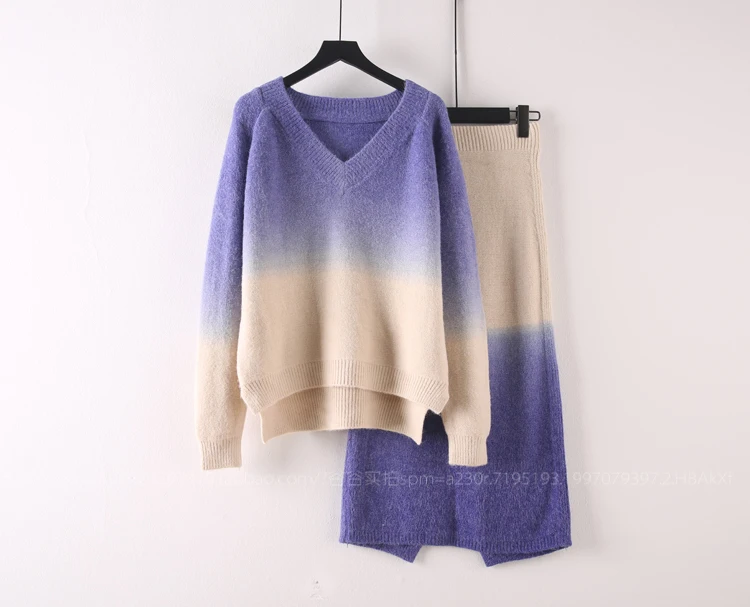 New Autumn Woman Knitted Two-pieces Suit Gradient Sweater Pencil Skirt Set for Woman Female Winter Warm Suits