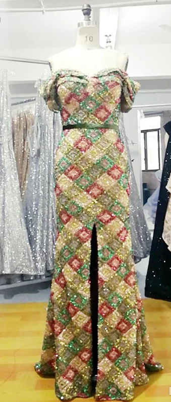 Latest Design Colorful Off Shoulder Sexy Evening Dresses Multicolored Sequins Luxury Sparkle Prom Dress