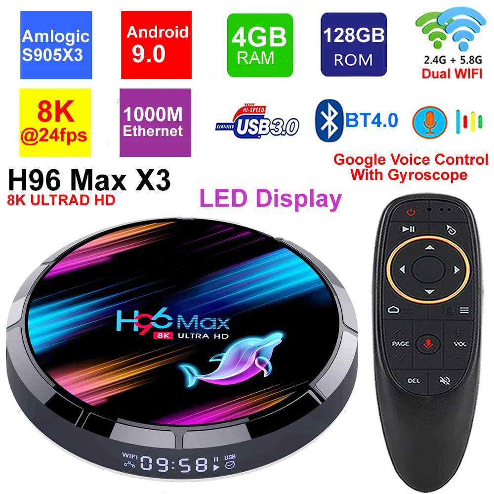 Приставка Смарт ТВ H96 MAX X3 8K Android 9 0 Amlogic S905X3 4 + 128 ГБ Wi Fi BT4.0 1000 м Ethernet USB3.0 H.265 HDR