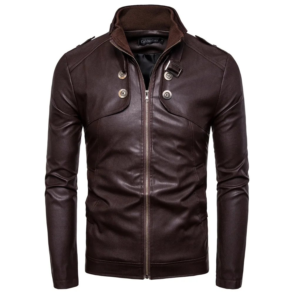 

ZUSIGEL 2019 Autumn Winter Button Decor Black Jacket Slim Stand-up Collar Motor& Biker Jacket for Men Zipper Leather Jackets