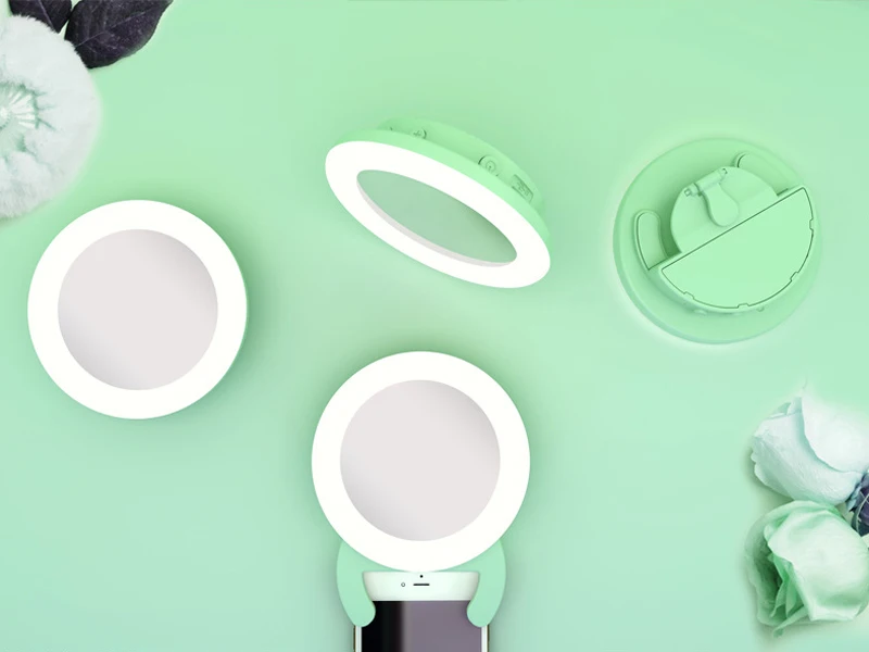 green Круглый светодиодный зеркало для макияжа, зарядка через usb, зеркало для макияжа, светильник для мобильного телефона, компактное зеркало для путешествий, светильник, зеркало для макияжа - Цвет: green