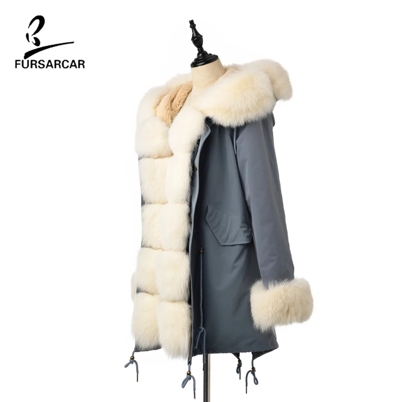 FURSARCAR высокое качество Для женщин зимние куртки и пальто с настоящим подкладка из кроличьего меха и Лисий меховой воротник Женская худи куртки-парки