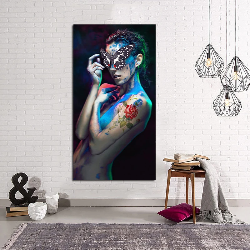 

Canvas Painting Abstract Nude Art Tattoo Women with Butterfly Portrait Poster Wall Pictures for Living Room Cuadros Home Decor