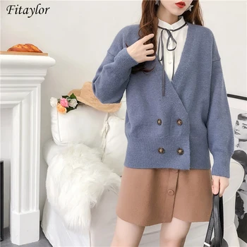 

Fitaylor New Women Cardigan Sweater V Neck Solid Loose Knitwear Double Breasted Casual Knitted TopsYellow Outwear Autumn Coat