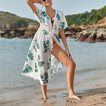 

2020 Summer Printed Beach Dress Women Lace Splicing Bikini Cover Up Long Tunic Beach Wear Swimsuit Cover Ups White Robe de Plage